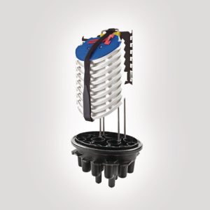 FDN 16 port A length tubed closure with basket and 9 x multi-ribbon moulded splice holder trays
