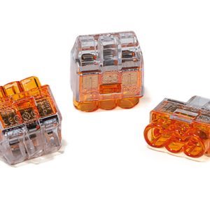 Push-in wire connector, 3 conductors, 0.5 to 2.5 mm? solid wires / 1.0 to 2.5 mm? stranded wires, orange/transparent, 400pcs.
