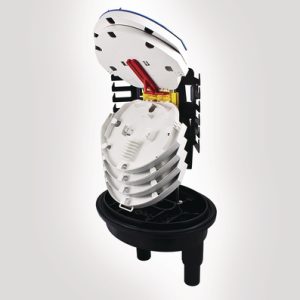 FDN 59 port A length tubed closure with basket and 6 x multi-ribbon moulded splice holder trays