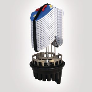 UFC BC length double stacked tubed closure with heatshrink base and 36 x SMF SE-A 3A splice trays